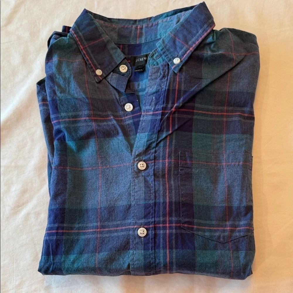 J. Crew Men's Navy and Green Plaid Shirt